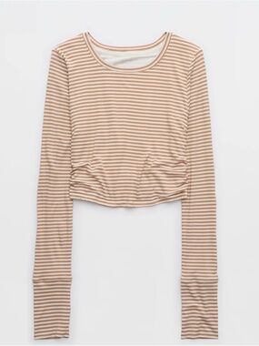 Aerie’s OFFLINE Striped Ribbed LS Cropped Tee in White and Dusty Rose Size L NWT